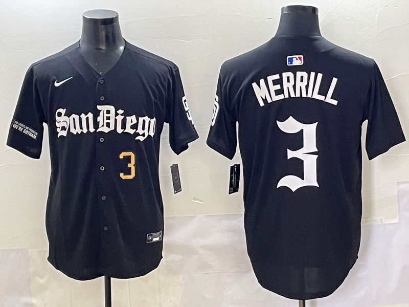 Men 2025 San Diego Padres #3 Merrill Black Five generations Joint Name Nike MLB Jersey style 7->san diego padres->MLB Jersey
